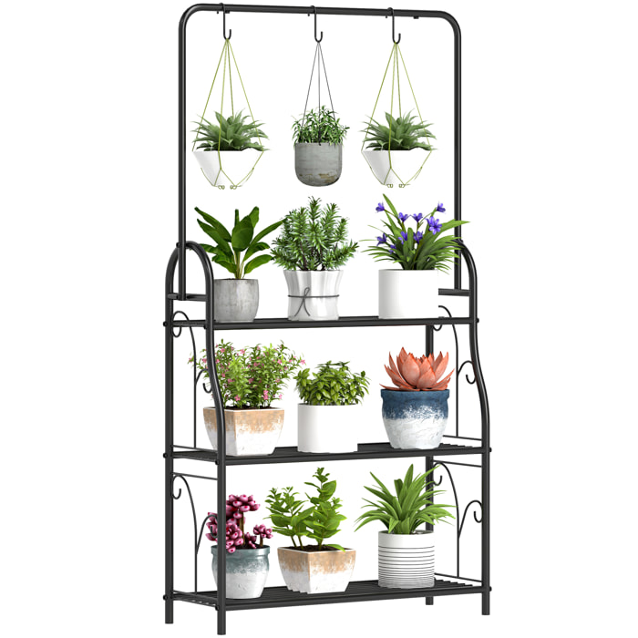 Estantería para Plantas de 3 Niveles Soporte para Plantas con Ganchos de Metal Barra para Colgar Soporte para Macetas para Interior y Exterior Negro
