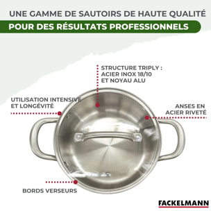 Batterie de cuisine avec 2 faitouts 20/24 cm en inox sans PFAS Fackelmann Vita3