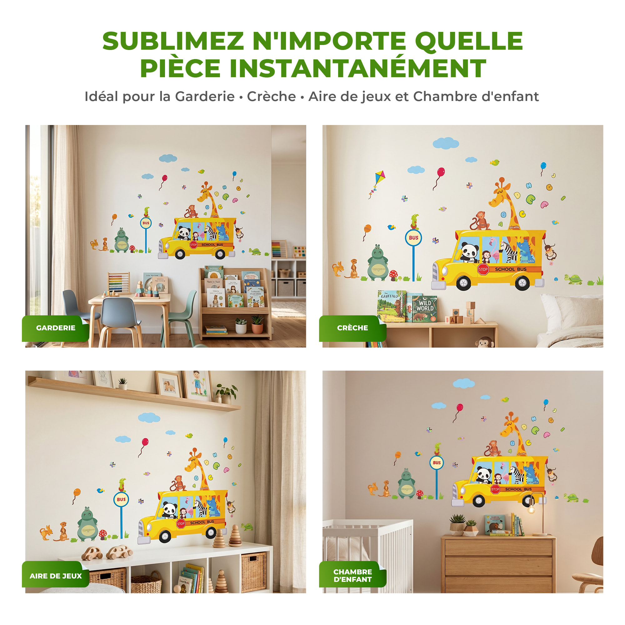 Stickers Muraux décoration adhésifs bus et animaux rigolos