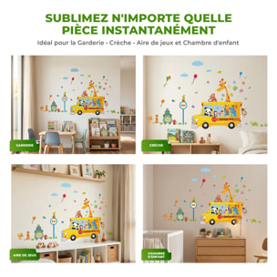 Stickers Muraux décoration adhésifs bus et animaux rigolos