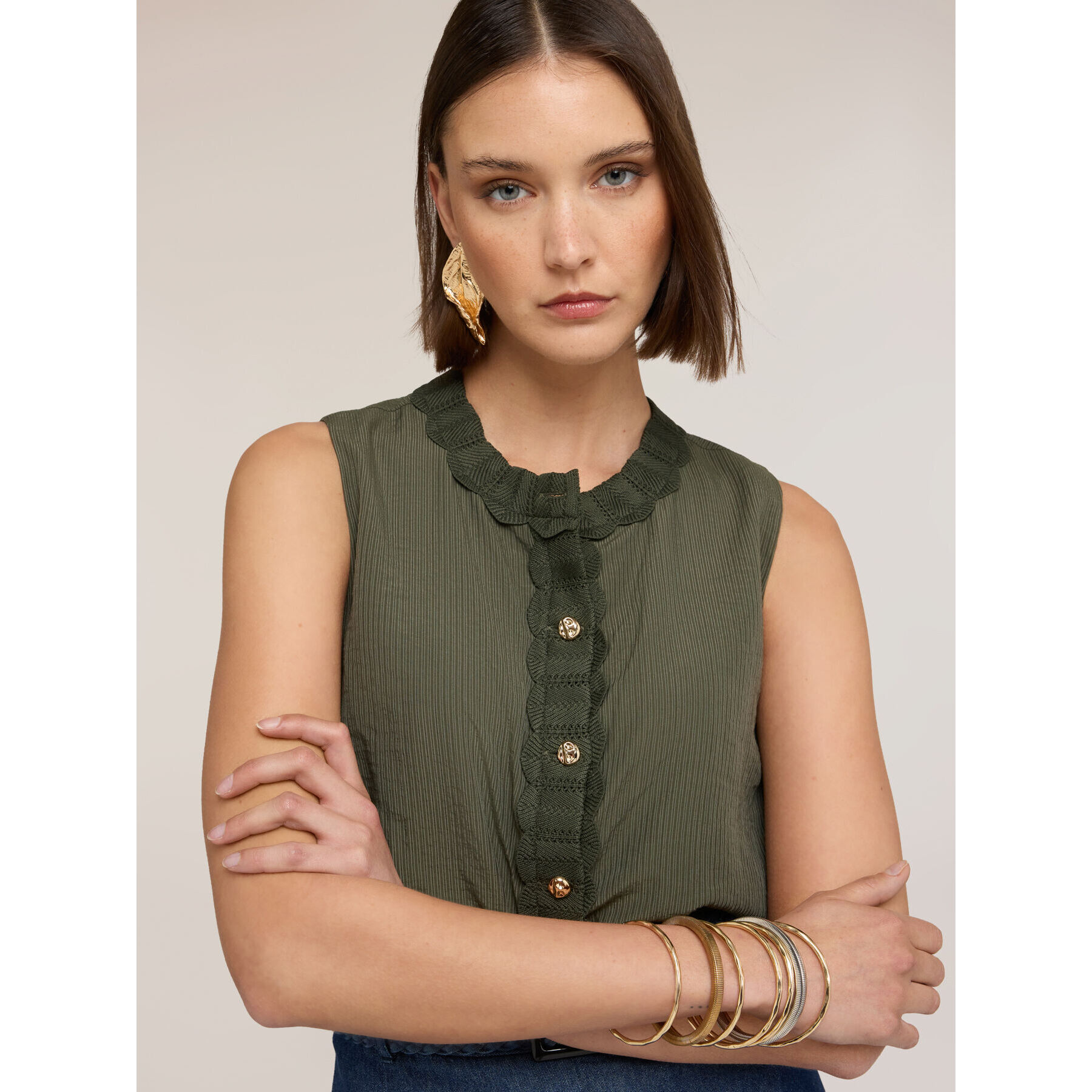 Motivi - Top mezcla lyocell con bordes de punto - Verde militare