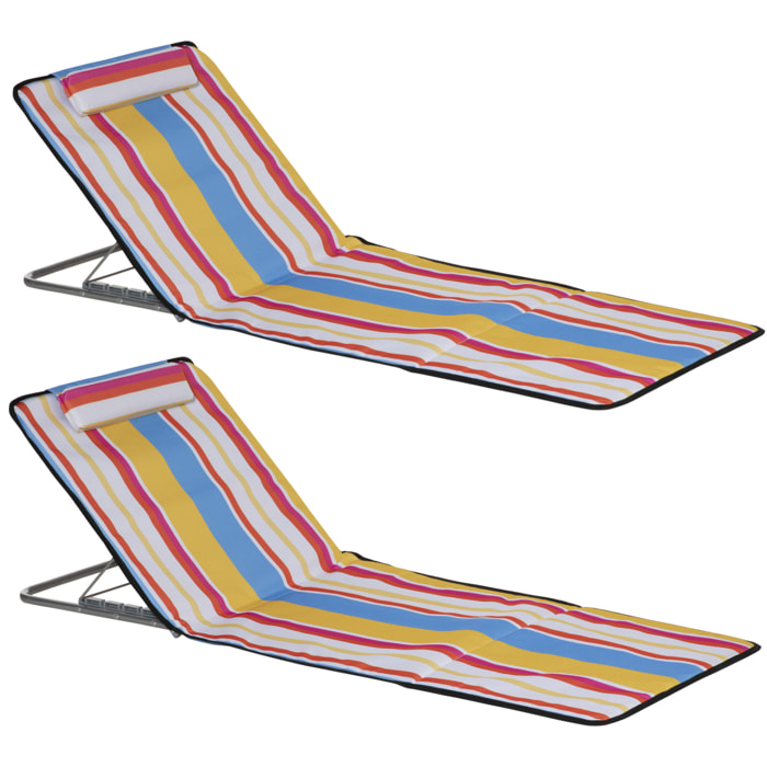 Set de 2 Esterillas de Playa Plegables 124x53x35-45 cm con Respaldo Ajustable 5 Niveles y Reposacabezas Esteras de Playa Portátil Tela Oxford Acero con Bolsa Transporte para Jardín Multicolor