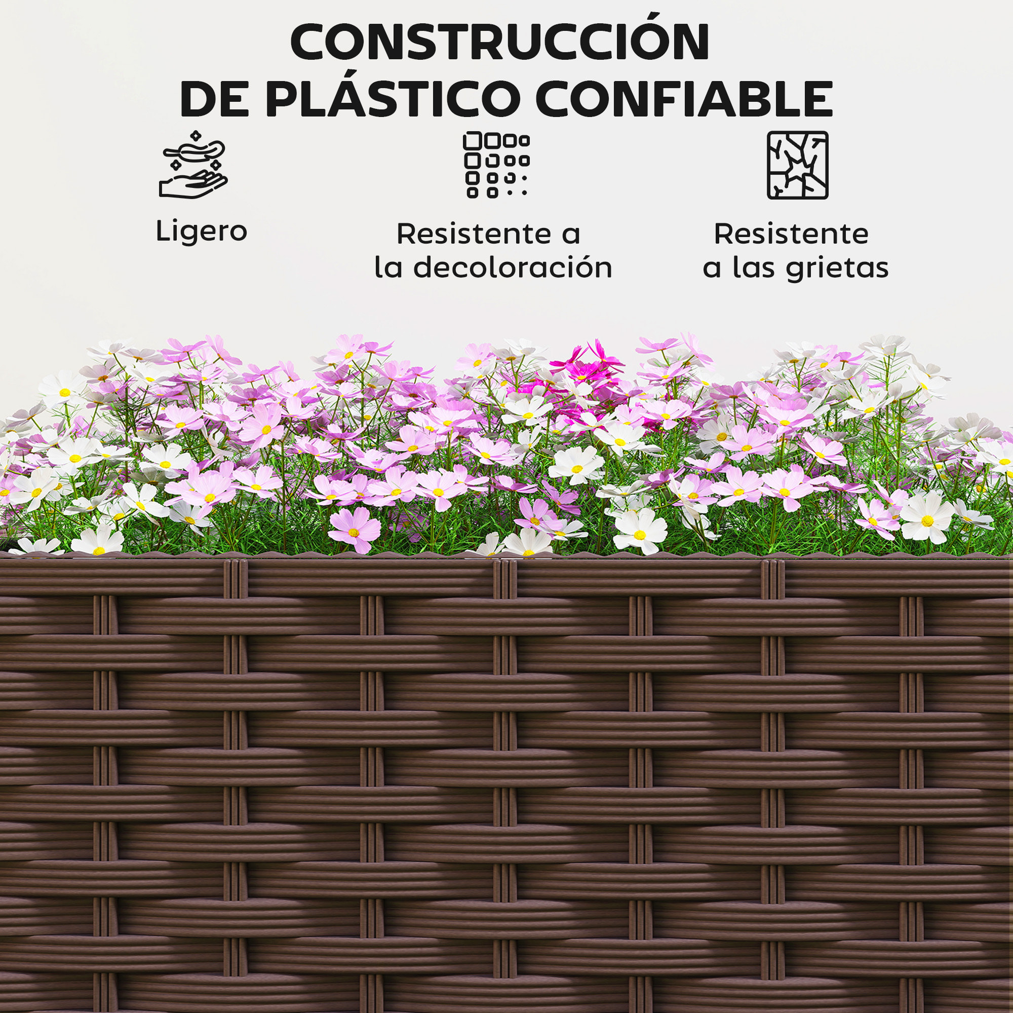 Jardinera Elevada con 6 Ruedas, Jardinera Exterior Móvil de Plástico con Riego Automático y Drenaje, Macetero Exterior para Cultivos, Plantas, Jardín, Terraza, 80x40x43 cm, Marrón
