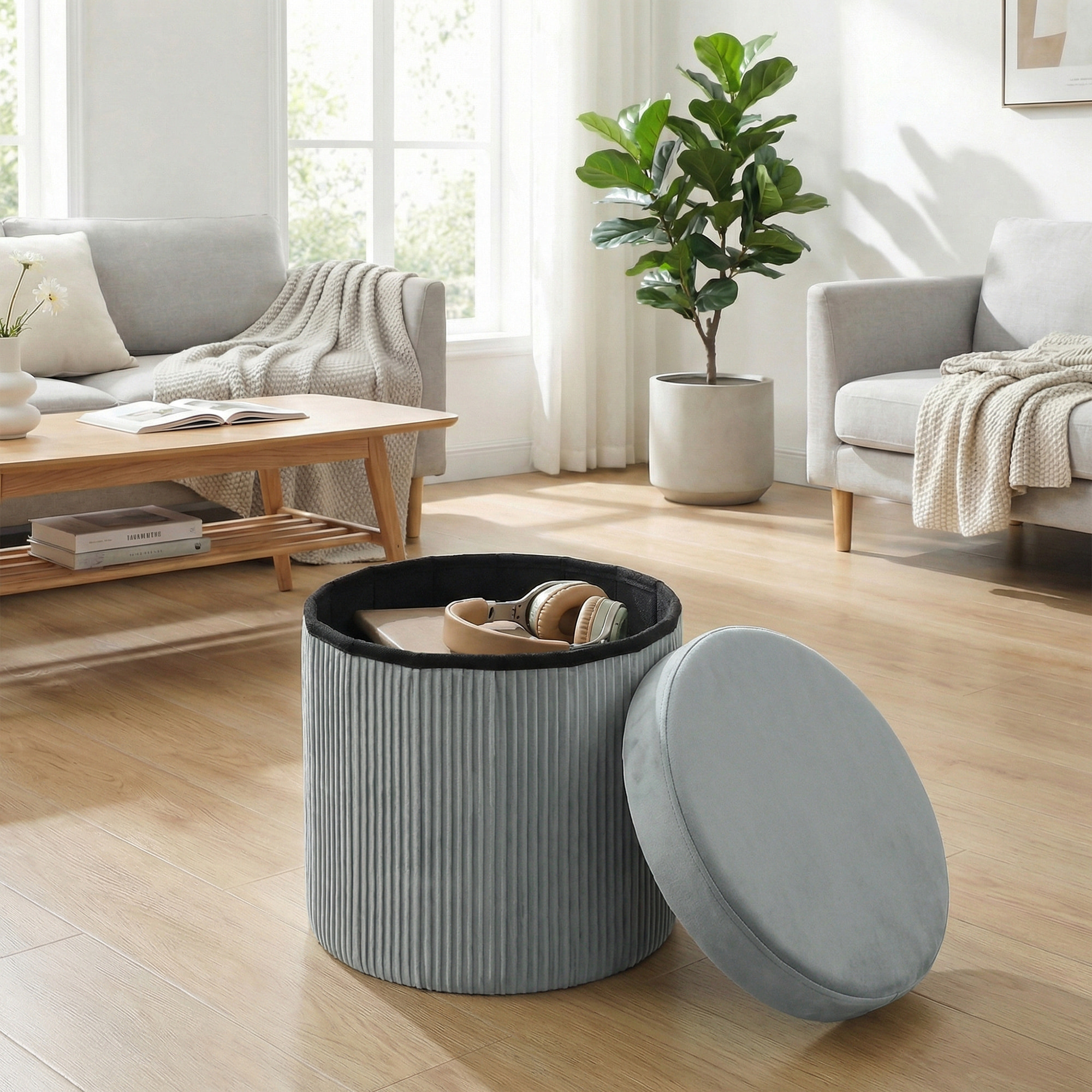 Puff Almacenaje, Banco Almacenaje Plegable, 35 L, 38x38x38 cm, Tapizado en Terciopelo, Baúl de Almacenamiento Redondo, Carga 120 kg, Taburete para Sala de Estar, Dormitorio, Entrada Gris Oscuro