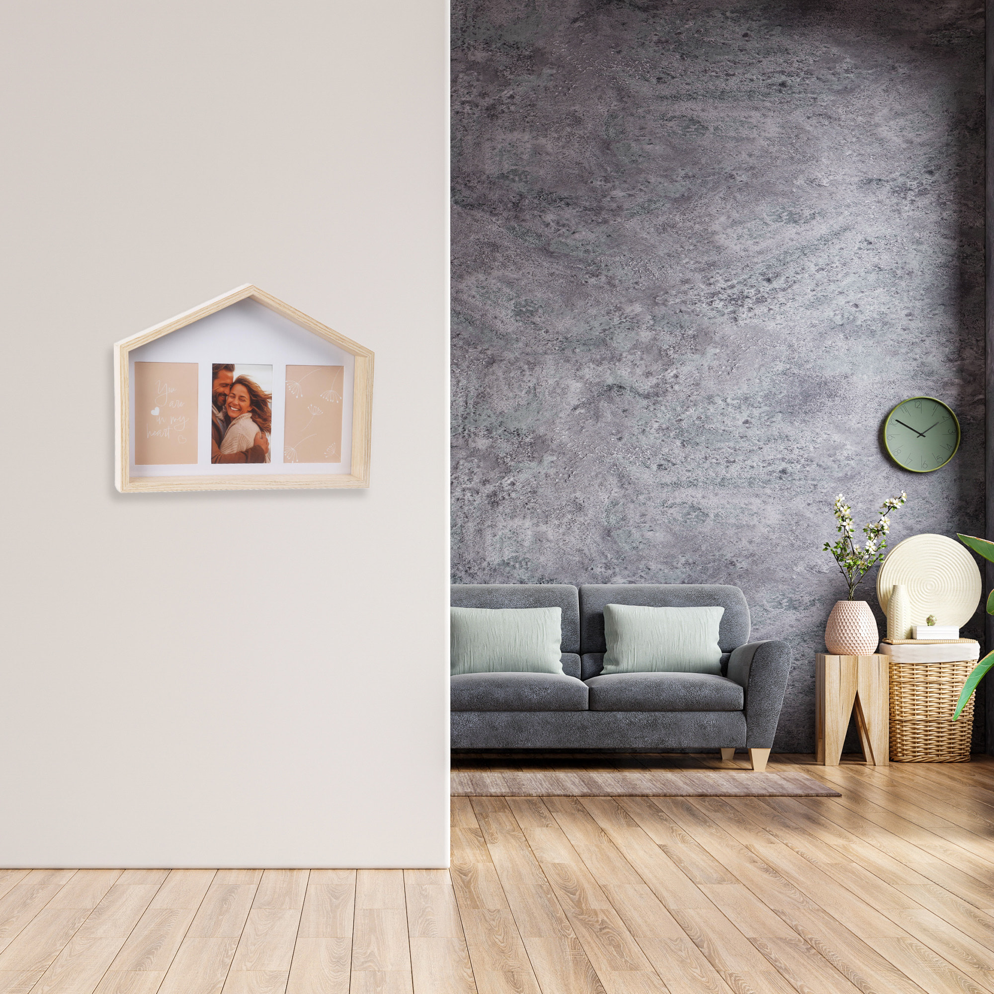 Marco de fotos en forma de casa con diseño natural 36,6x4x27,2cm para 3 fotos