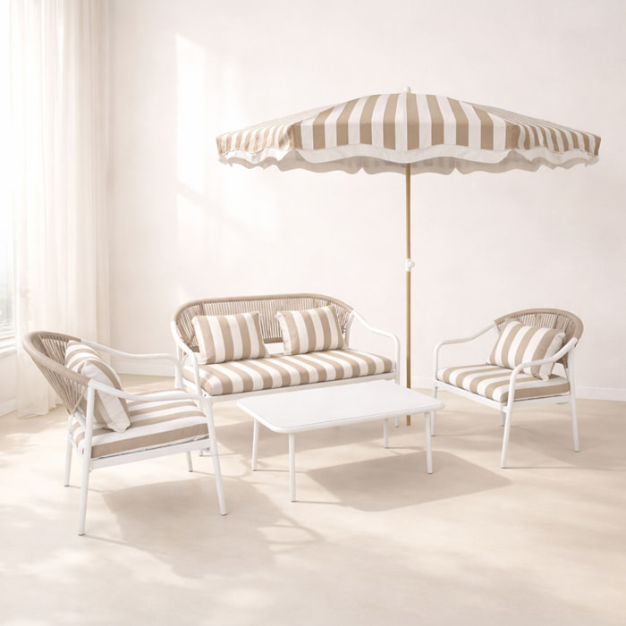 Ensemble salon  jardin en acier  avec parasol blanc et taupe positano