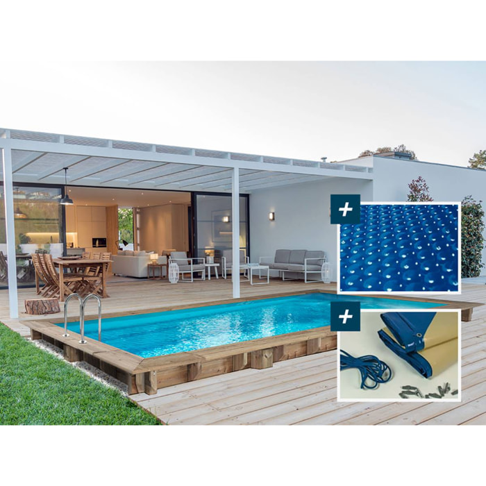 Piscine bois rectangle " Tobago "- 6.20 x 3.00 x 1.31 m + Bâche à bulles 180 µ - Bâche hiver 280 g/m²