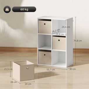 Estantería de 6 Cubos, Librería, Estantería para Libros con 3 Cajones de Tela, Horizontal o Vertical, para Salón, Dormitorio, Estudio, 53,7x30x79,8 cm, Blanco y Beige