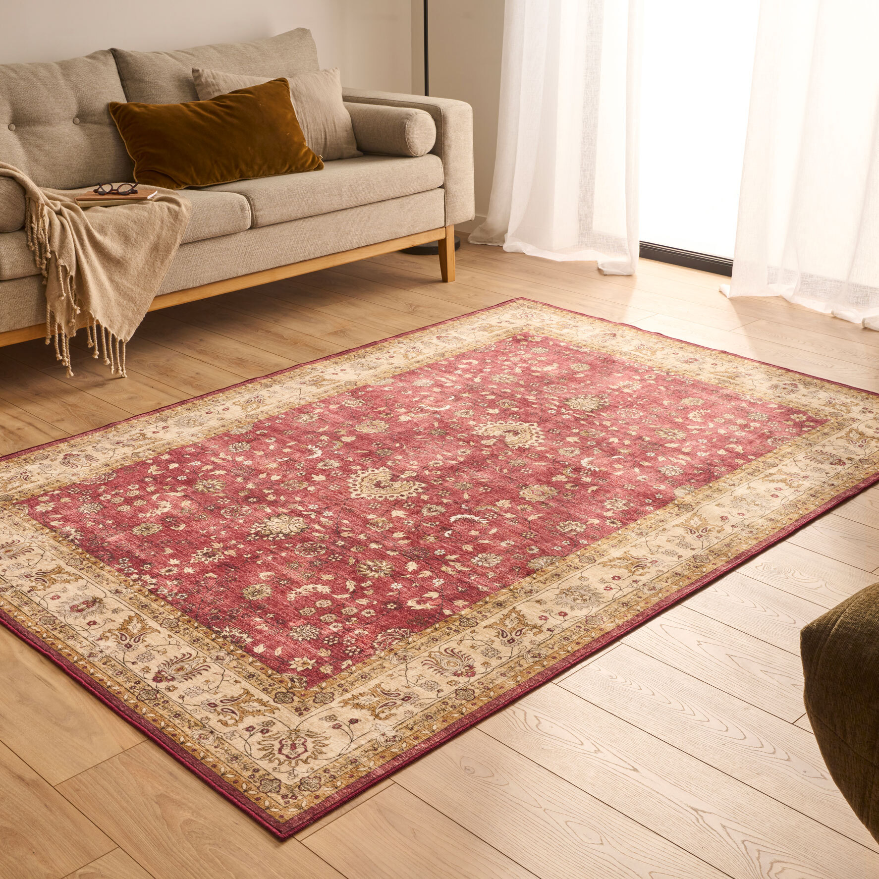 OTTOMAN - Tapis à poils courts doux à motif arabesque rouge