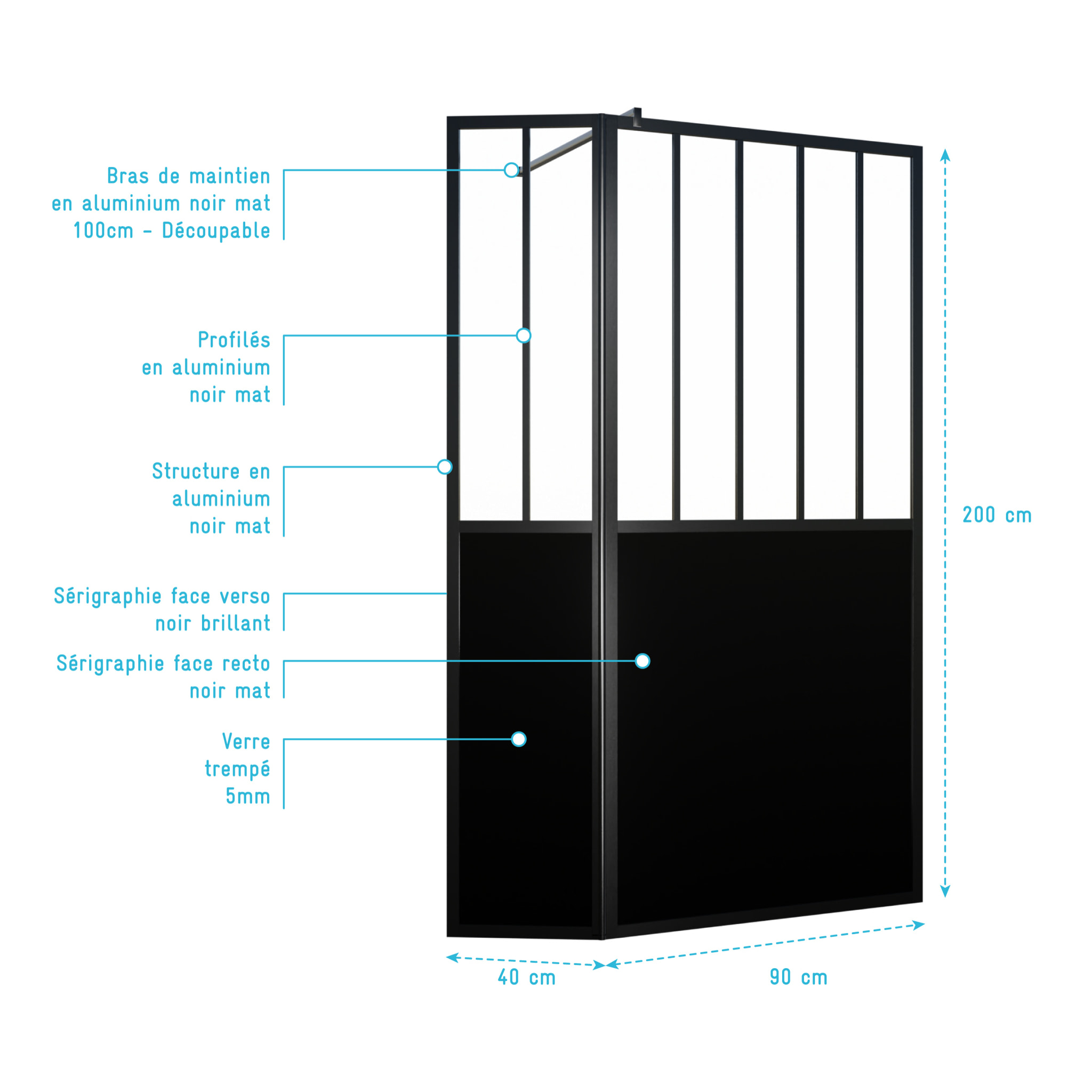 Paroi de Douche Façon Verrière avec Volet Pivotant - 90+40x200 cm - Verre Transparent et Noir