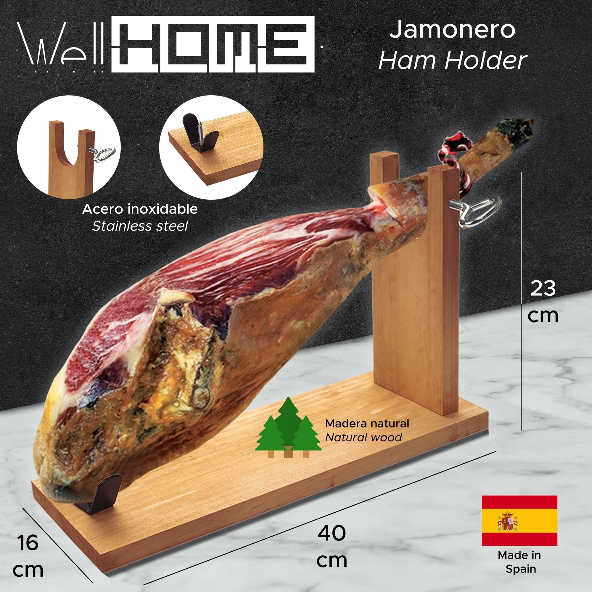 Well home jamonero de madera con herraje en v + set de cuchillo jamonero (25cm) y chaira (21cm) + funda para jamón 'tiberic'