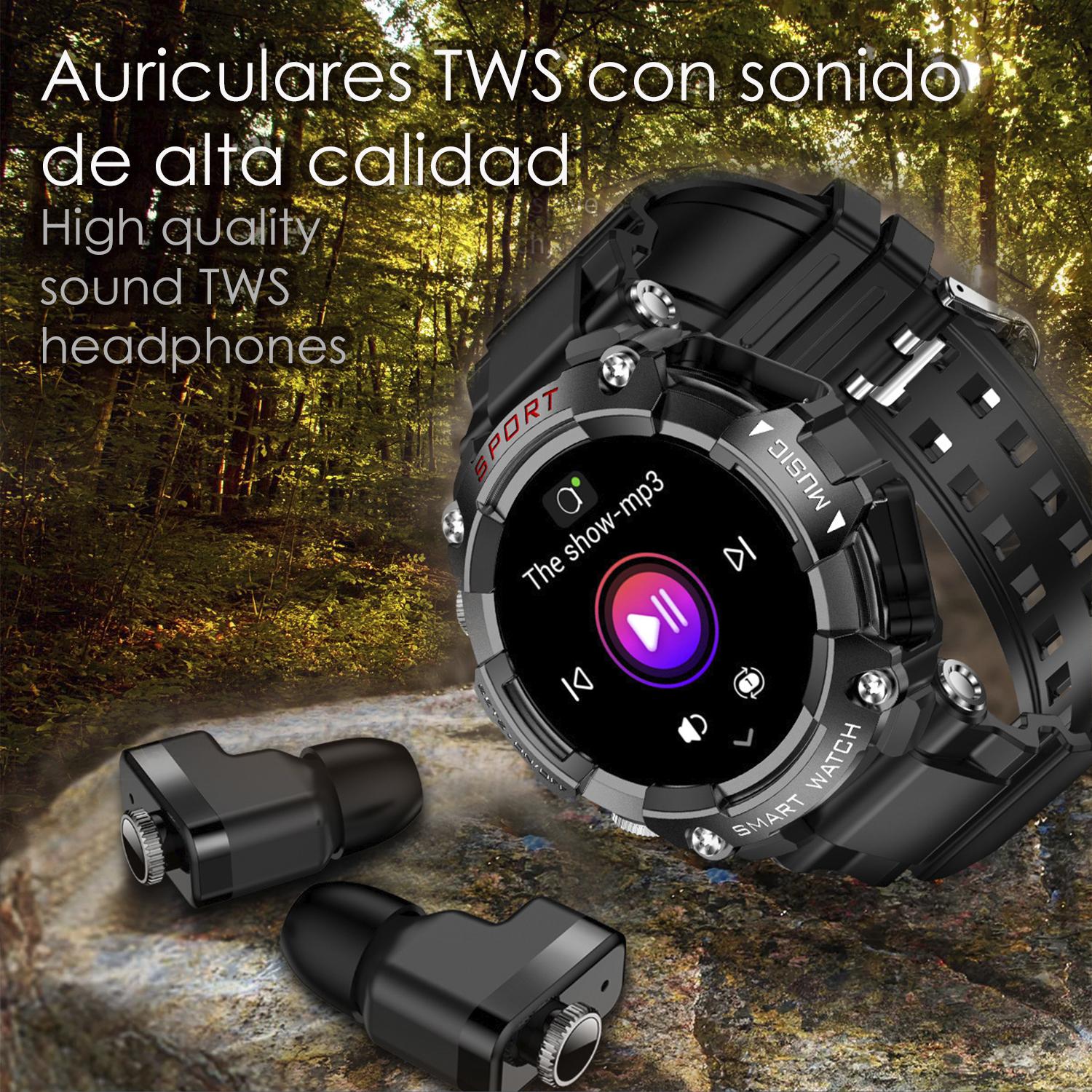 DAM Smartwatch T96 con auriculares TWS intergados. Reproducción musical del propio smartwatch y externa. Funciones deportivas y salud. 5,3x1,6x5,3 Cm. Color: Azul Oscuro