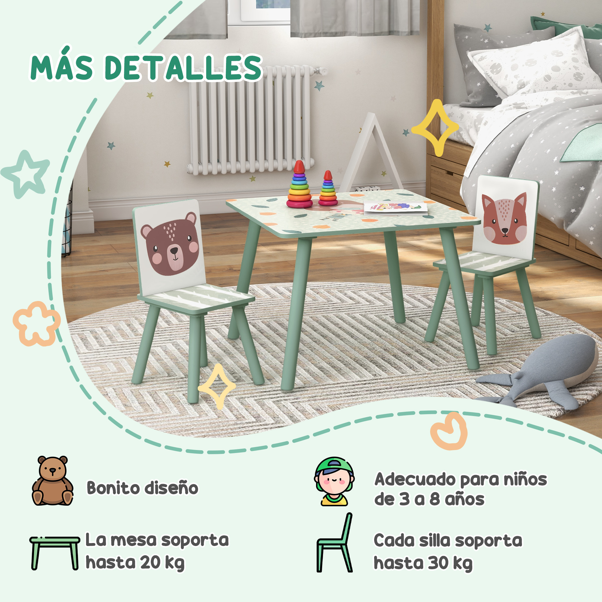 Mesa y Sillas Infantiles de 3 Piezas Mesa Infantil con 2 Sillas Juego de Muebles para Actividades para Niños de 3-8 Años para Dormitorio Sala de Juegos Verde