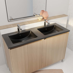 Meuble de salle de bains 120 cm 4 Portes Chêne Clair + Vasque Double Céramique Noire - XENOS