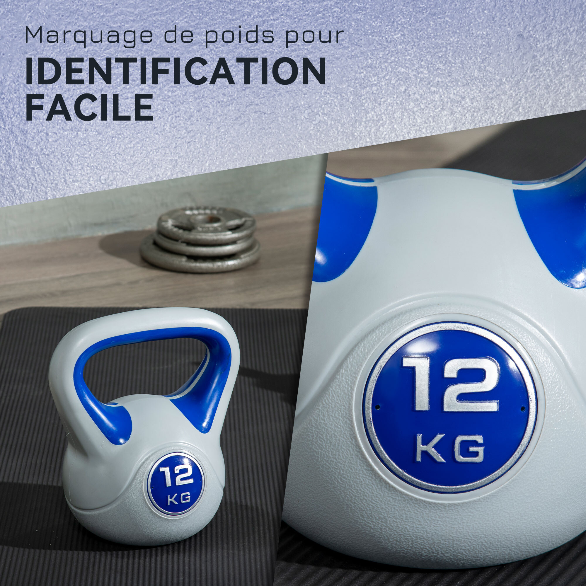 Kettlebell 12 Kg - haltère boule - poignée ergonomique - PU gris bleu