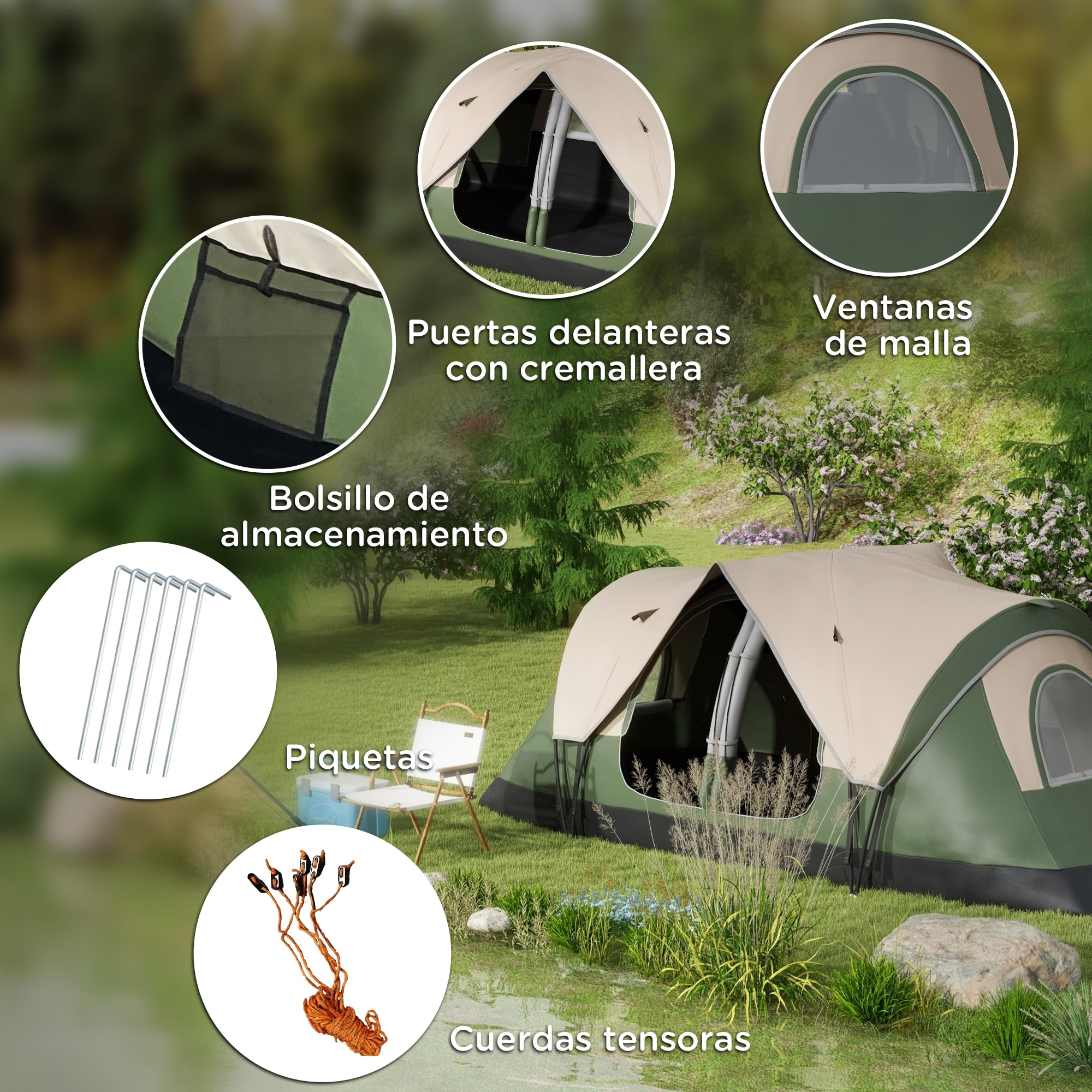 Tienda de Campaña Familiar para 6-8 Personas Tienda de Camping Plegable con 2 Habitaciones y Bolsa de Transporte Impermeable para Senderismo 450x215x180 cm Verde Oliva y Marrón Claro