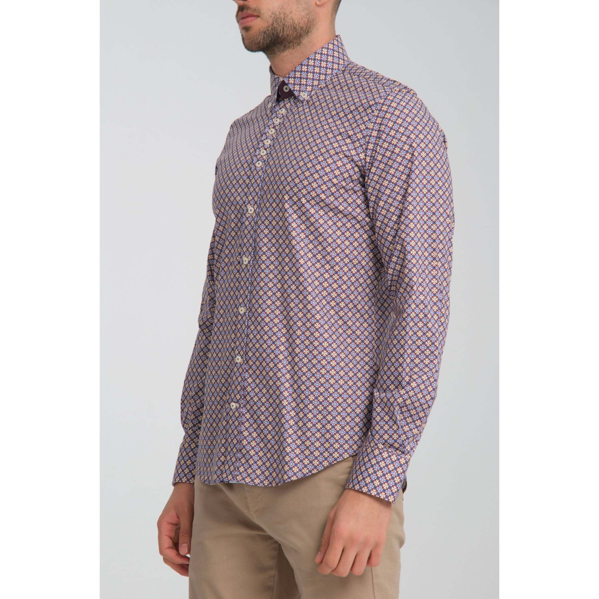 Camicia Uomo 1 Bottoni Button Down Slim Popeline Stretch Stampato Viola Melanzana/Bianco