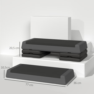 Step de Aeróbic, Step para Fitness Antideslizante, Altura Regulable 3 Niveles de 10,5/15,5/20,5 cm, Carga 250 kg, para Ejercicio en Casa, Gimnasio, 77x36x20,5 cm, Gris y Negro