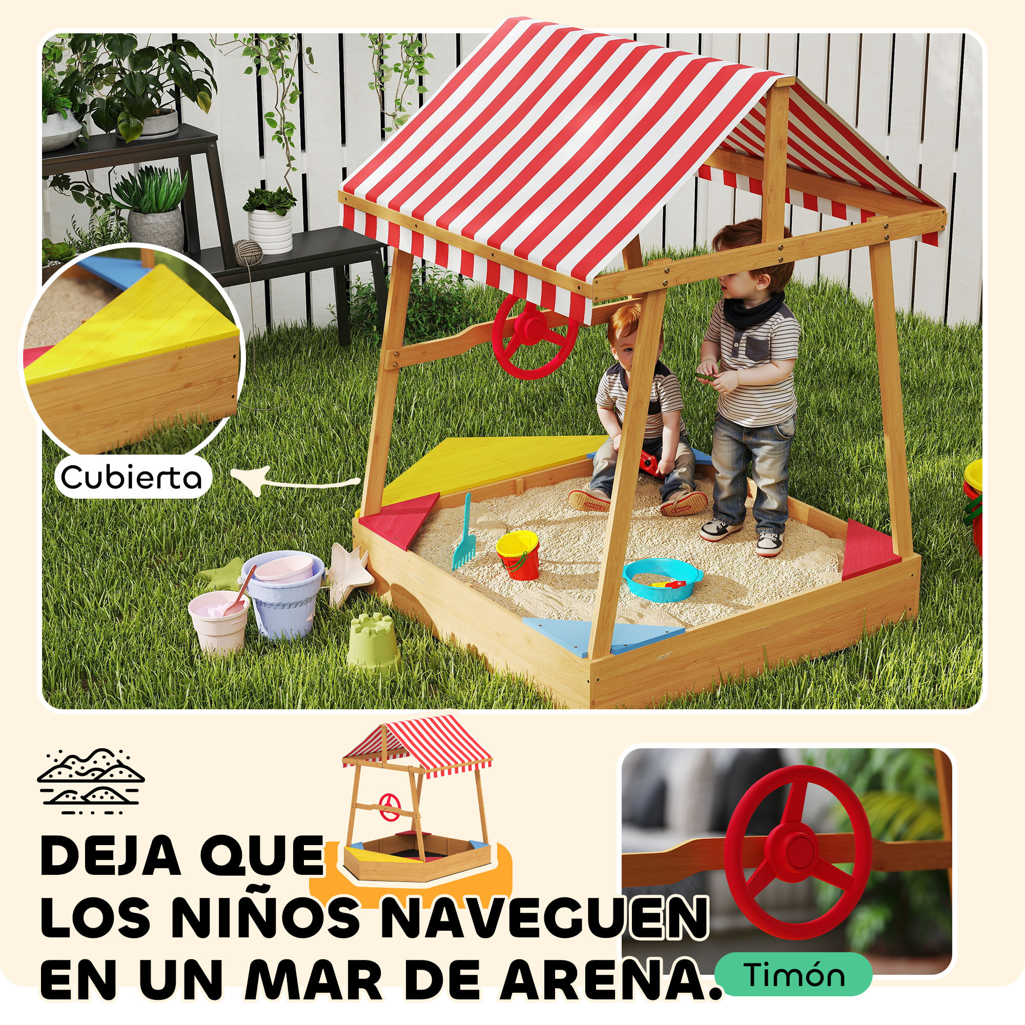 Arenero para Niños de +3 Años Arenero Infantil en Forma de Barco con Toldo y Asientos Arenero para Exterior 133x101x141 cm Natural