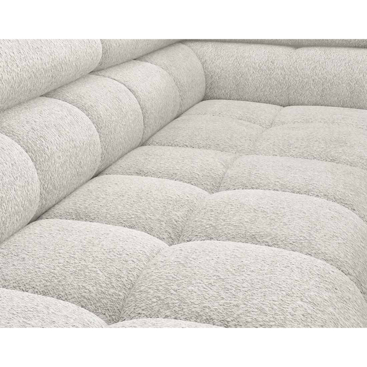 Elisa - canapé d'angle droit 5 places convertible avec coffre et têtières réglables en tissu bouclette - Blanc