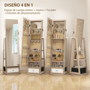Espejo Joyero con Luces LED, Armario para Joyas, Armario Joyero con Espejo Entero, Giratorio de 360°, Cajón, Cerradura, Estantes Abiertos, Soporte para Secador, Natural