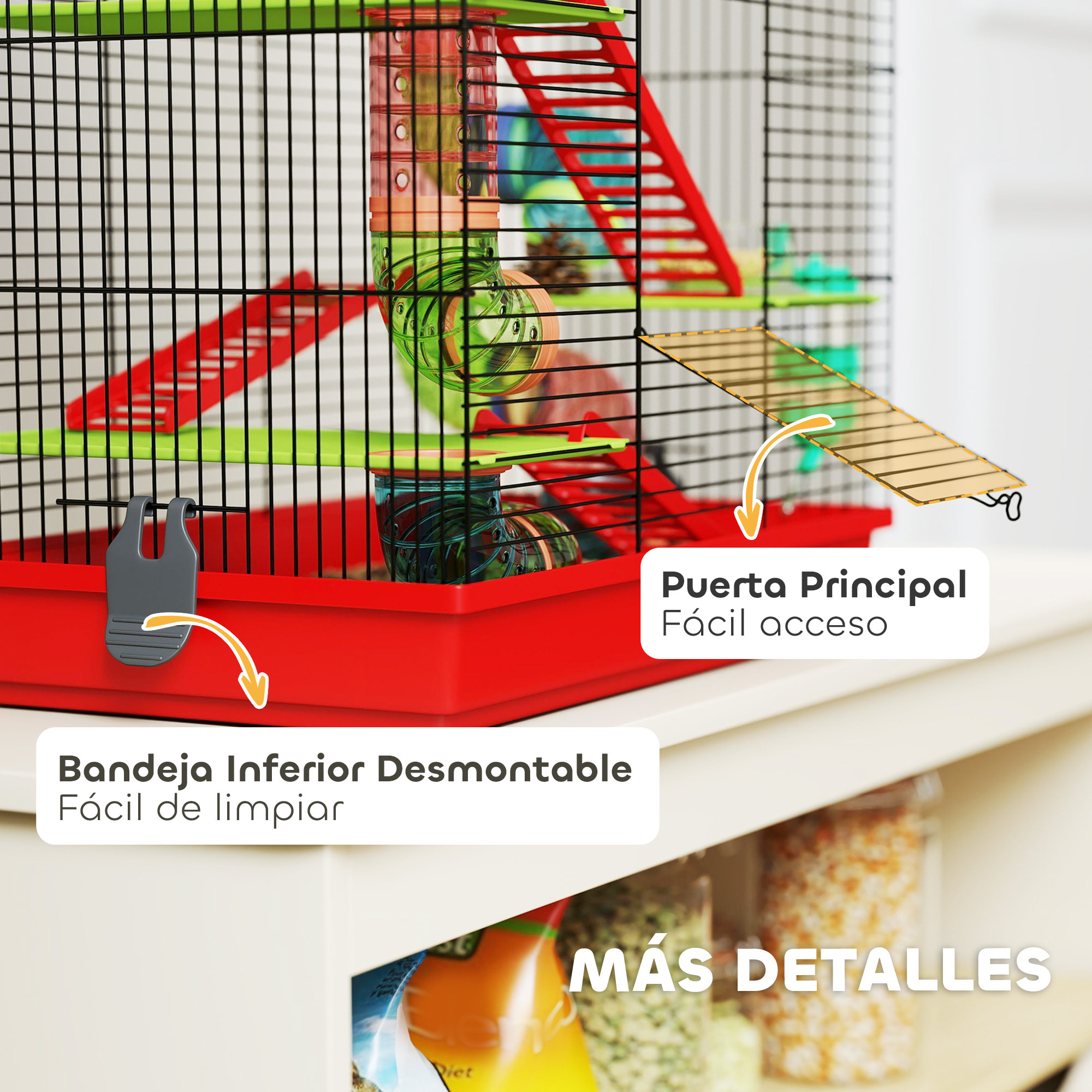 Jaula para Hámster de 5 Niveles, 47x30x59 cm, Casa para Animales Pequeños con Túnel, Comedero, Bebedero, Casita, Rueda de Ejercicio, Escaleras, para Ratas y Jerbos, Rojo