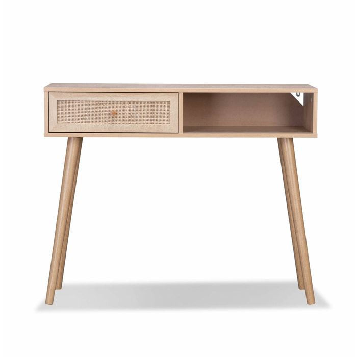 Console en cannage 100x29x81cm  -  Bohème -  Naturel. 1 tiroir.1 espace de rangement. pieds scandinaves décor bois. 1 poignée