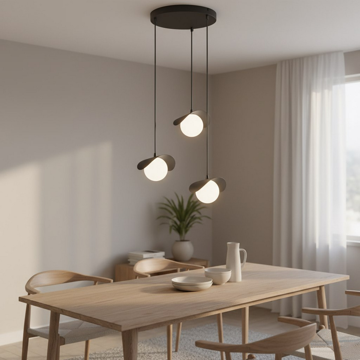 Lampada a sospensione Ritual a tre luci in acciaio nero e vetro