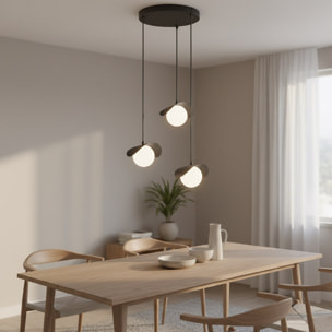 Lampada a sospensione Ritual a tre luci in acciaio nero e vetro