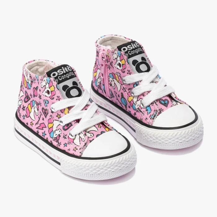Zapatillas Altas de Bebé de Lona con Estampado de Unicornio en Rosa