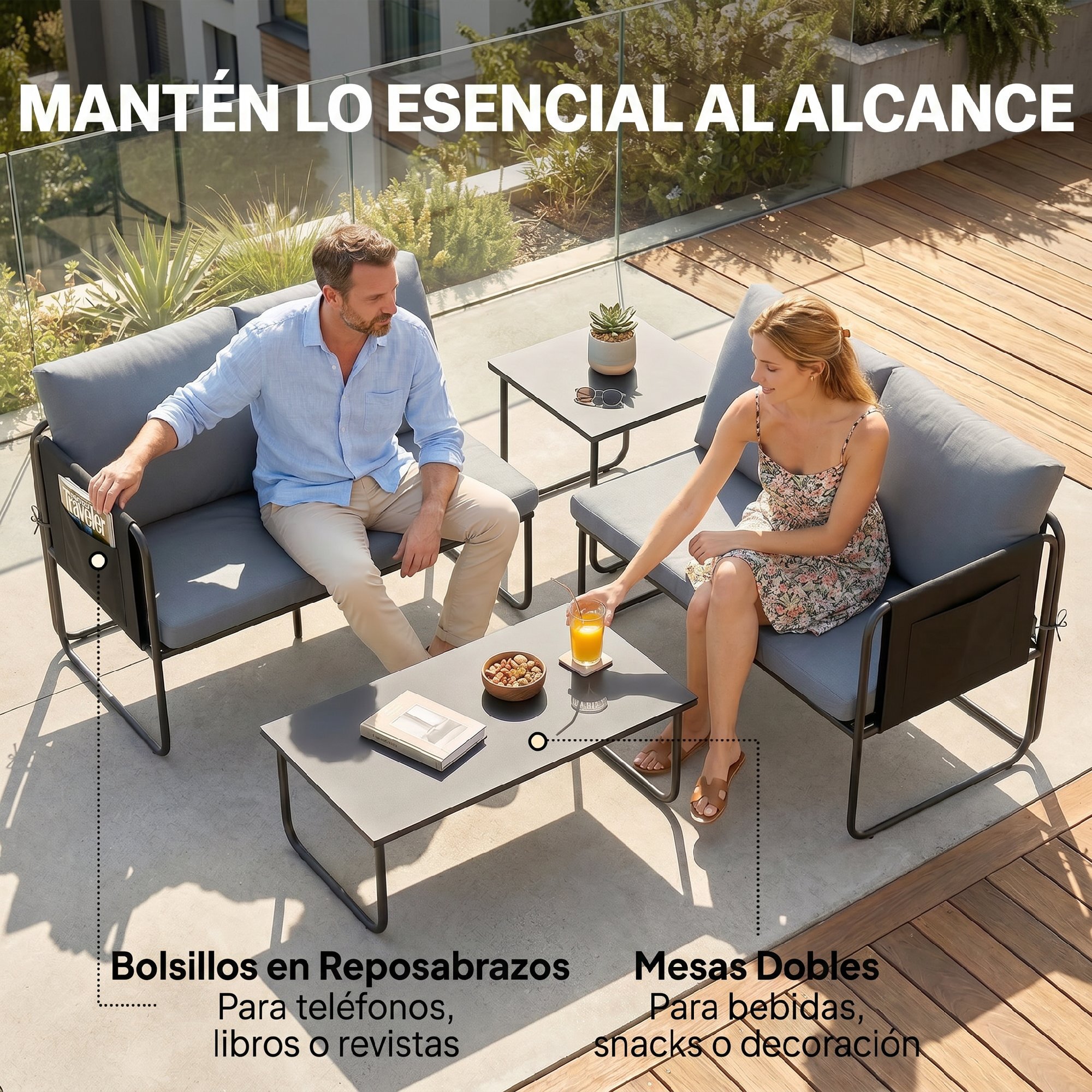 Conjunto Jardín Exterior de 4 Piezas, Muebles Jardín Exterior con 2 Sofás 2 Plazas, 2 Mesas de Vidrio, Cojines, Fundas Extraíbles, Bolsillos, Tela Textilene Transpirable, Marco Acero, Gris