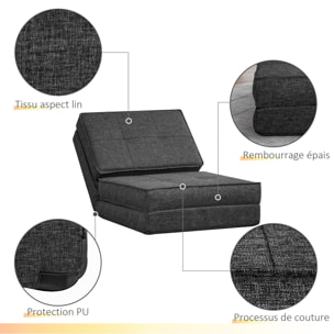 Chauffeuse - matelas d'appoint pliant - fauteuil convertible - inclinaison dossier réglable 5 positions - tissu polyester aspect lin gris