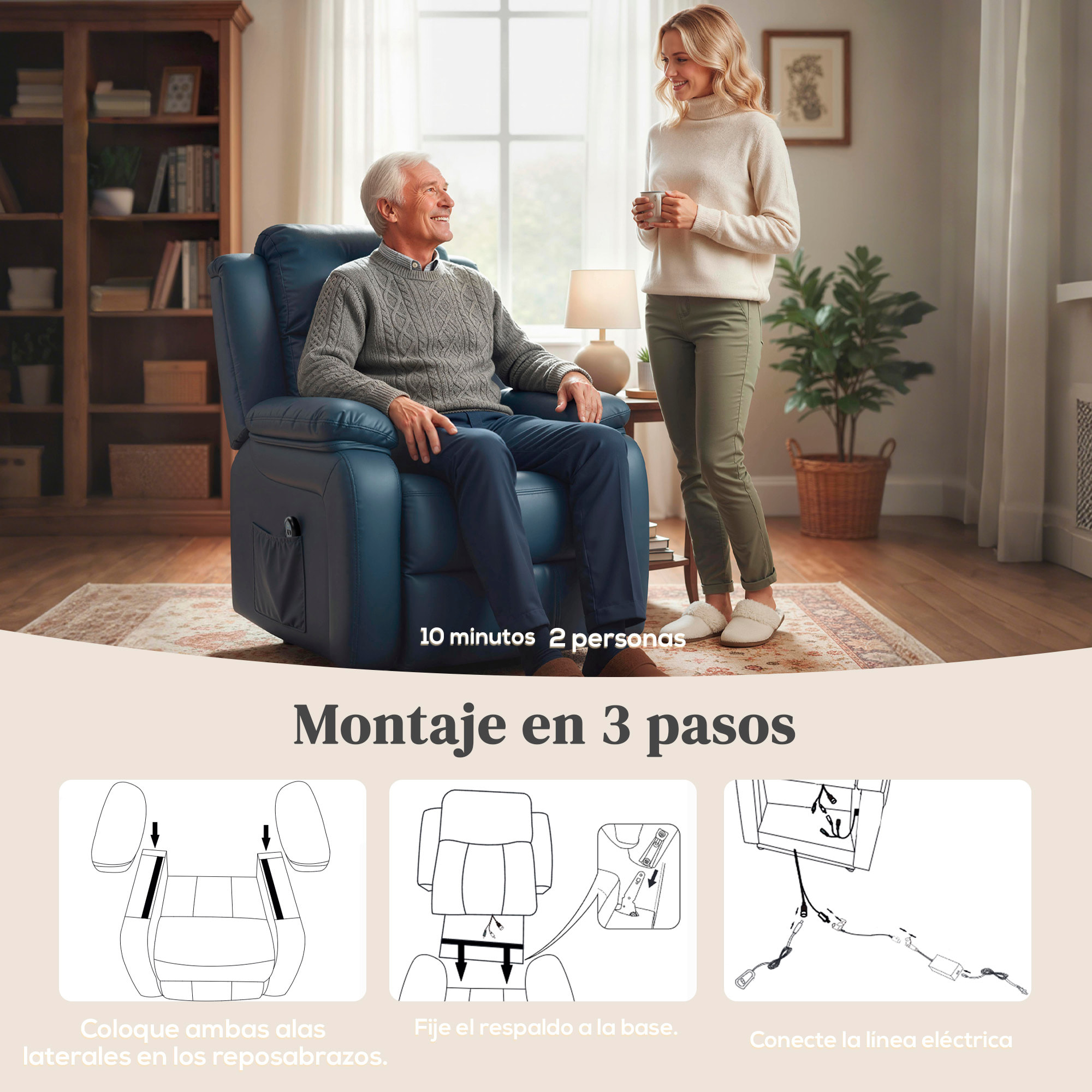 Sillón Relax Eléctrico Reclinable Levanta Personas, Sillón Elevador, con Respaldo Alto, Control Remoto, Reposapiés, Acolchado Grueso, Tapizado en PU, Bolsillos Laterales, Azul Oscuro