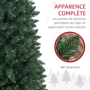 Sapin de Noël artificiel 210 cm slim avec support en acier pliable, 687 branches épines, décoration de Noël effet réaliste, vert