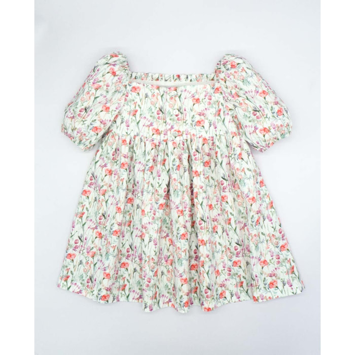 VESTIDO MANGA ABULLONADA FLOR ROSA