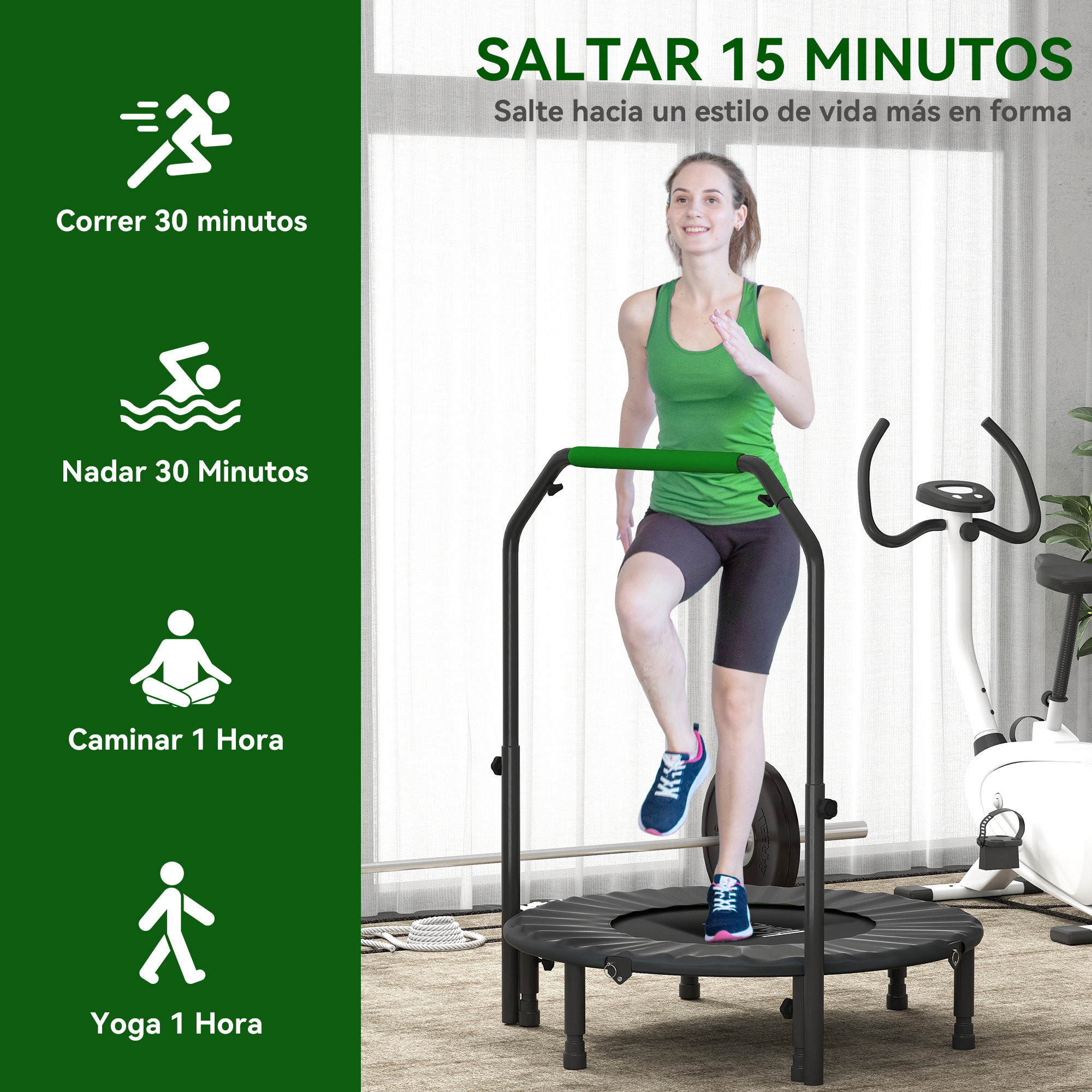 Trampolín de Fitness Adultos Ø102 cm, Cama Elástica Plegable con Mango Ajustable de 4 Niveles, Marco de Acero, para Entrenamiento Piernas, Cuerpo en Hogar, Oficina, Gimnasio, Negro y Verde