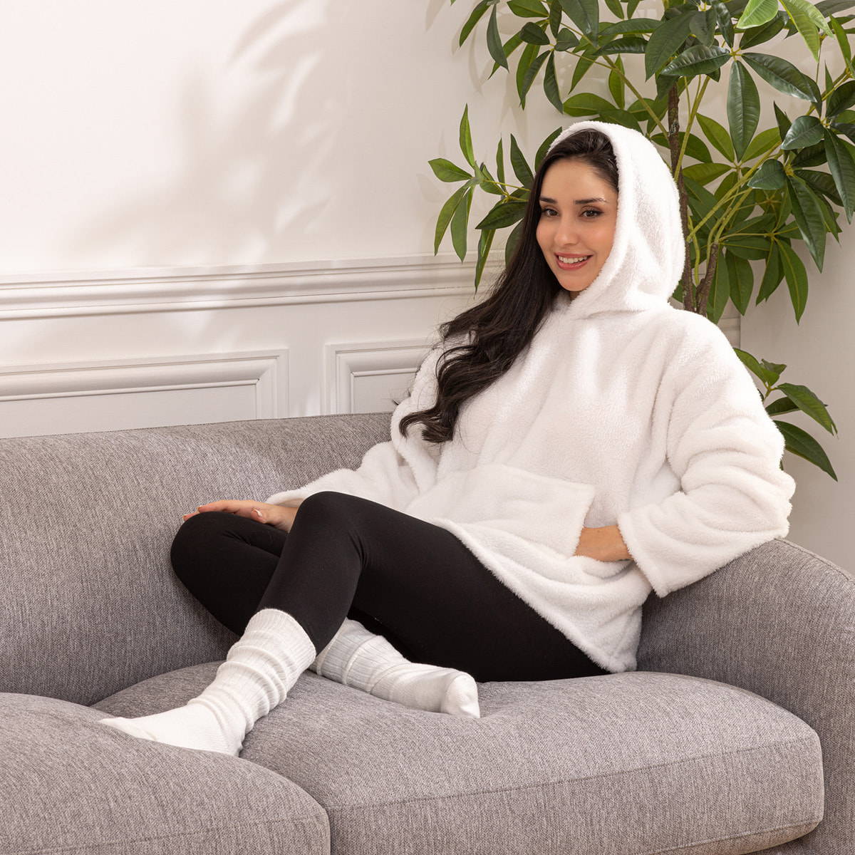 Plaid sweat capuche flanelle Teddy blanc taille unique