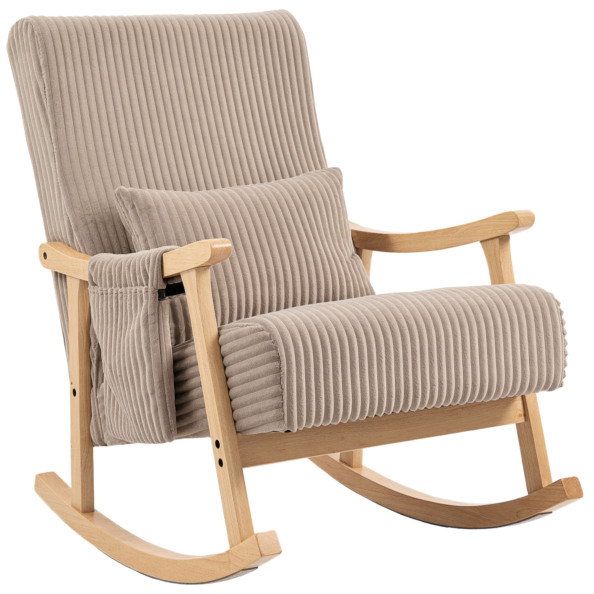 Silla Mecedora, Mecedora de Pana con Cojín Lumbar, Patas y Reposabrazos de Madera de Caucho, Bolsillo, Estilo Moderno, Sillón de Lactancia, Carga 120 kg, para Dormitorio, Salón, Marrón Claro