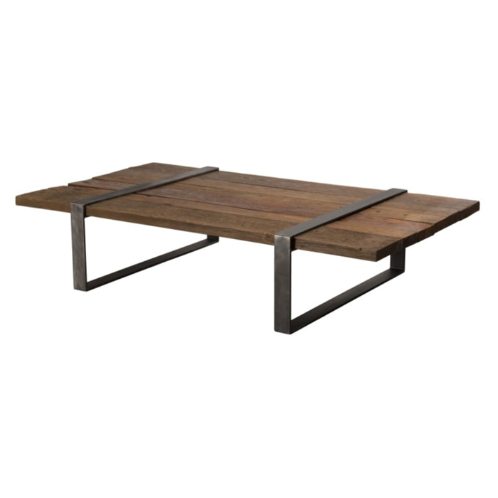 MATHIS - Table basse multi-planches marron bois massif cerclée métal gris anthracite