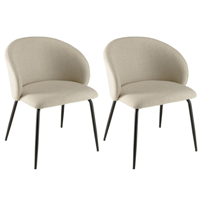 TOM - Lot de 2 chaises tissu écru dossier arrondi pieds acier noir