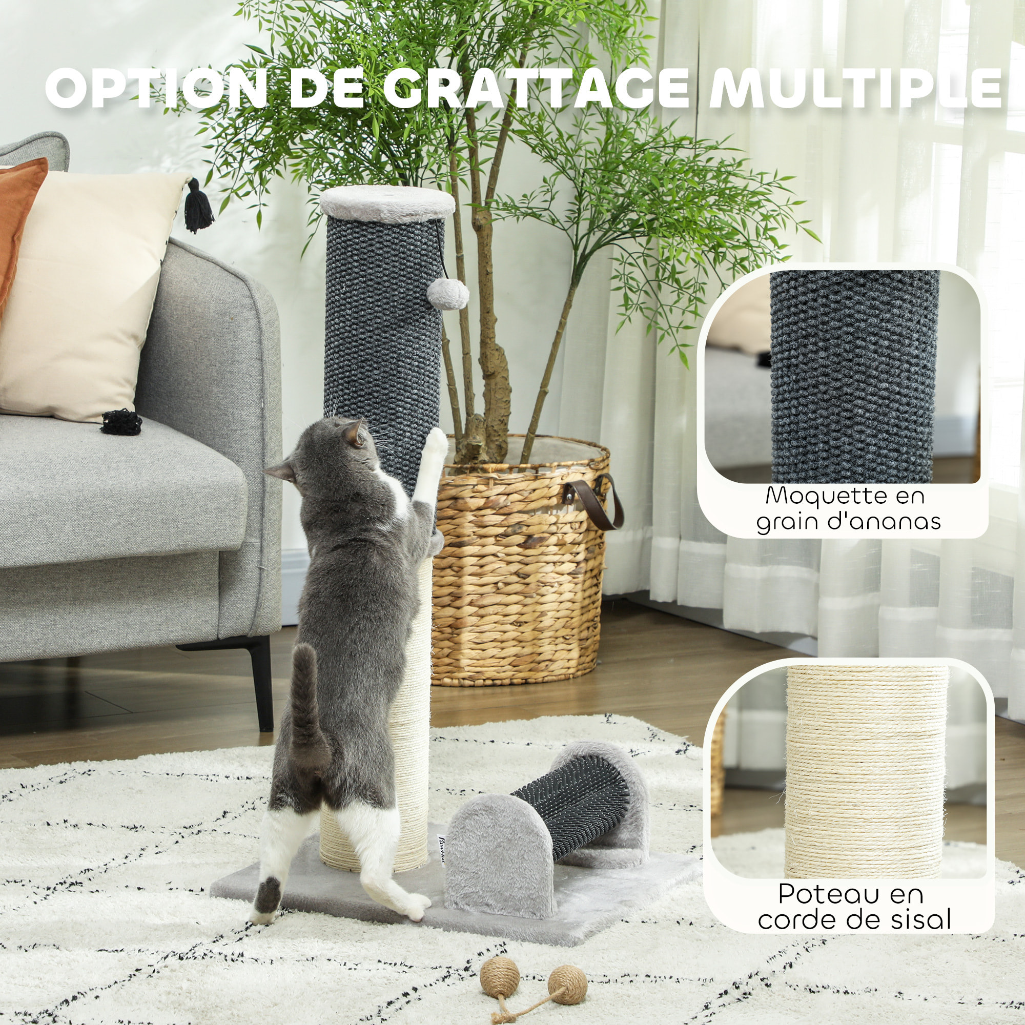 Arbre à chat - griffoir grattoir H.85 cm - jeu boule, bande massante - sisal naturel peluche gris