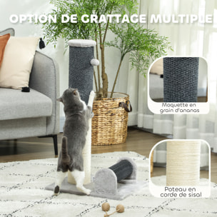 Arbre à chat - griffoir grattoir H.85 cm - jeu boule, bande massante - sisal naturel peluche gris