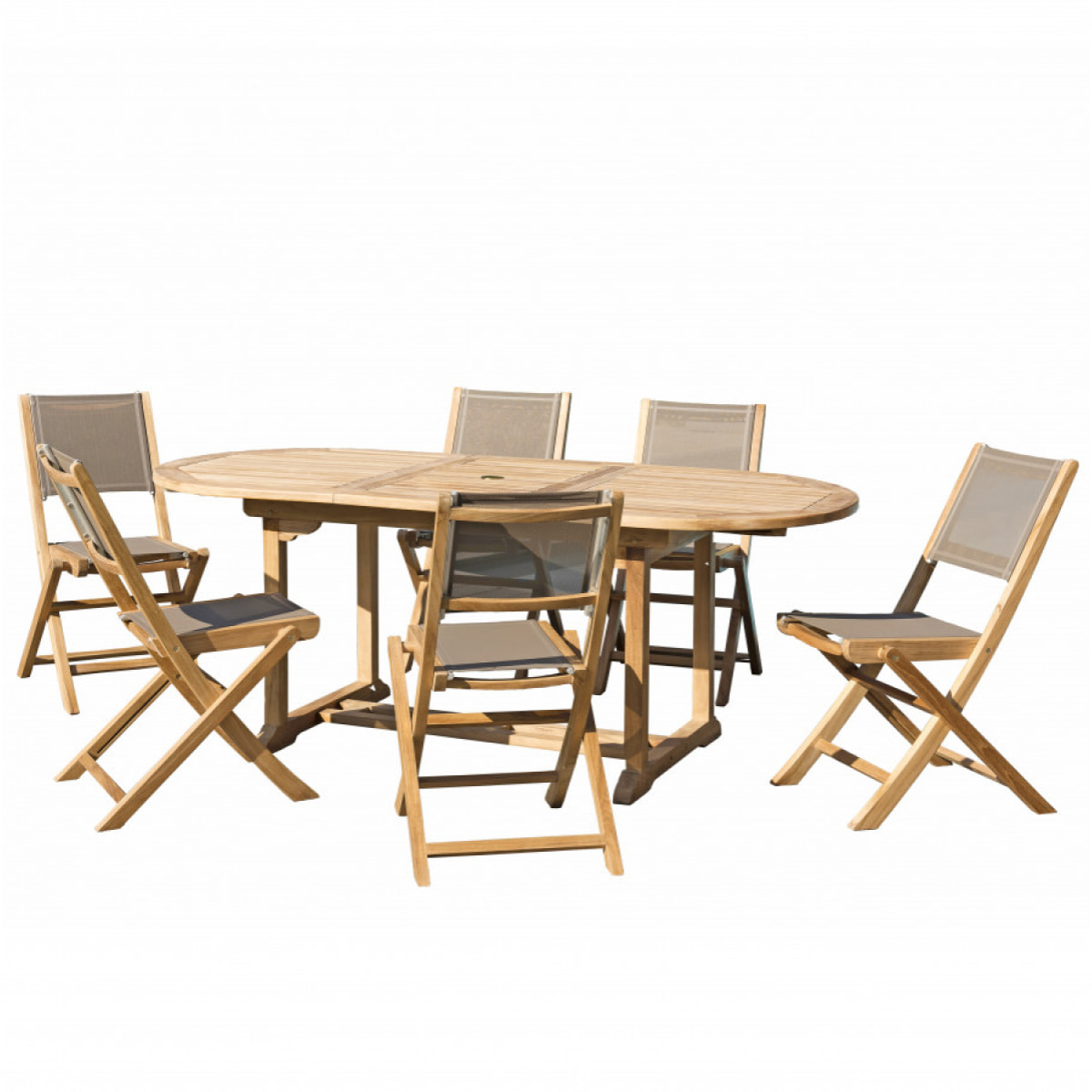 HARRIS - SALON DE JARDIN EN BOIS TECK 6/8 pers - 1 Table ovale extensible 150*200/90 cm et 6 chaises textilène