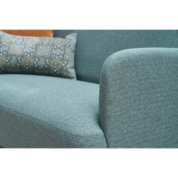 Canapé scandinave 2 places en tissu vert de gris et bois clair ISKO