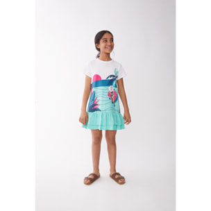Vestido Infantil Niña 100 % Algodón Estampado Costero Turquesa con Palmera y Donut, Tirantes Finos y Volante Doble en Bajo, Fresco para Verano | Color: Estampado | Street Monkey