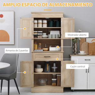Alacena de Cocina Aparador de Comedor Mueble Auxiliar para Microondas con 4 Puertas 1 Cajón y Estante Abierto para Salón 74x39,5x183 cm Roble