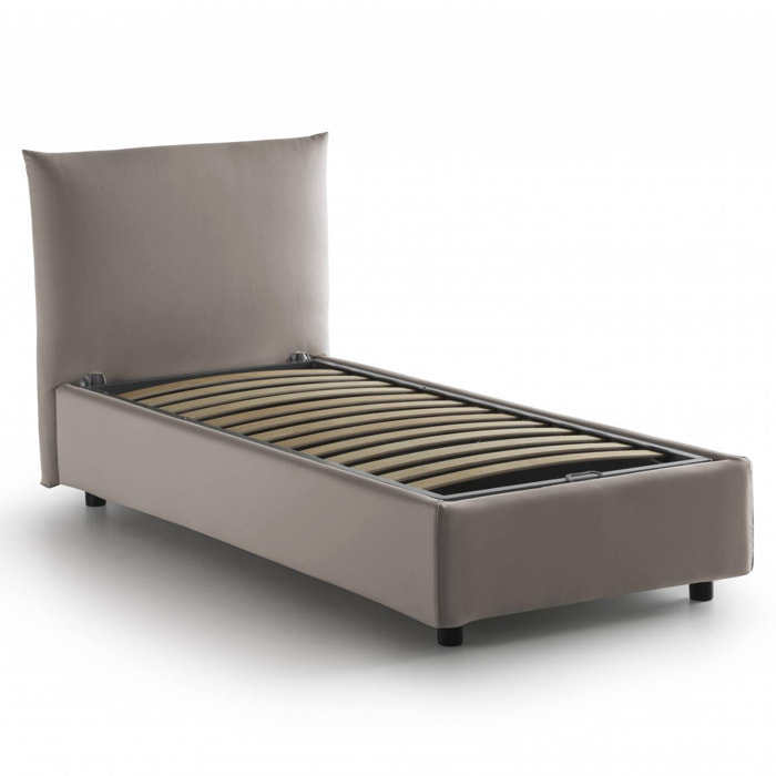 Letto singolo Clarissa, Letto contenitore con rivestimento in tessuto, 100% Made in Italy, Apertura frontale, adatto per materasso Cm 80x190, Tortora