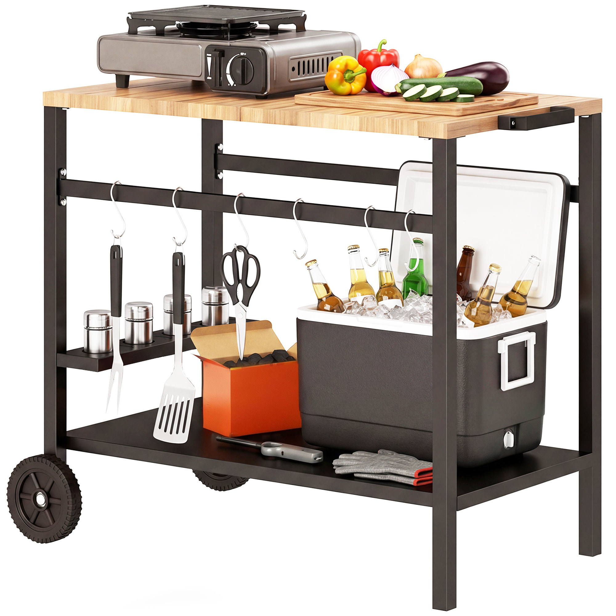 Desserte de jardin métal bois étagère range épices 6 crochets ustensiles plateau poignée