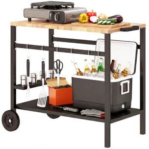 Desserte de jardin métal bois étagère range épices 6 crochets ustensiles plateau poignée