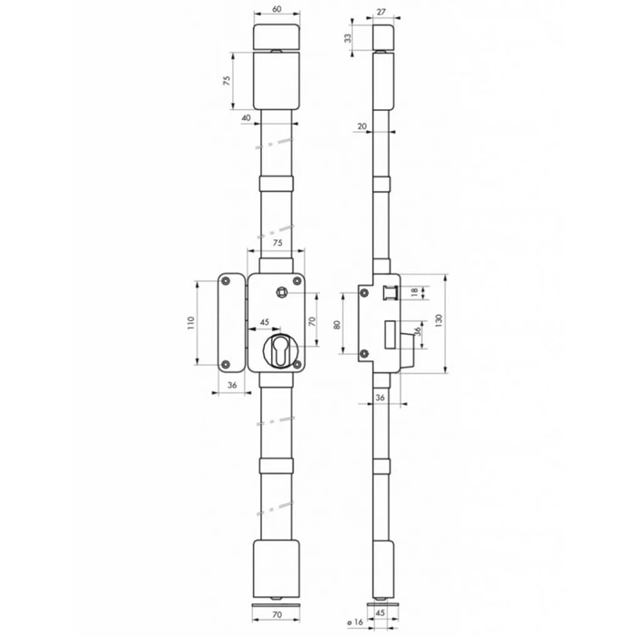 Serrure verticale BELUGA CP Cylindre profil européen - 3 points - 75 x 130 mm - Fouillot - Gauche - Marron - THIRARD - 00049520